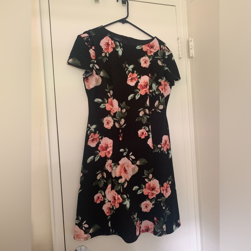 ALYX petite black dress with pink floral and shoulder cutout size 14P